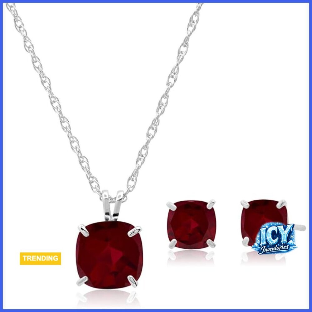 Sterling Silver Cushion Cut Created Ruby Stud Earrings and Pendant Necklace Set